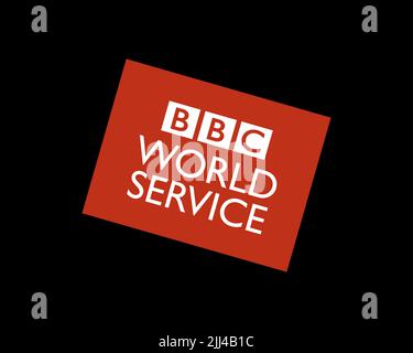 BBC World Service, gedrehtes Logo, schwarzer Hintergrund B Stockfoto