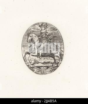 Ovales Porträt von Charles, Prinz von Wales, später König Karl I. von England, 1600-1649. Zu Pferd, im Hut, mit Rüschen, besticktem Doppelstück, Hosen, Stiefel, mit Schlagstock. Carolus Princeps. Aus einer originalen Silberplatte von Simon van de Pass. Kupferstich aus Samuel Woodburns Galerie für seltene Porträts, bestehend aus Originalplatten, George Jones, 102 St Martin’s Lane, London, 1816. Stockfoto