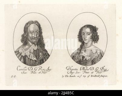 Ovale Portaits von Karl I., 1600-1649. Und Henrietta Maria, 1609-1669, König und Königin von England, Schottland, Frankreich und Irland. Carolus DG Rex Ang SCO Fran et Hib. Henreta Maria DG Reg Ang SCO Fran et Hib. Aus einem seltenen Druck von George Glover, der von Thomas Bancks oben auf der Bridewell-Treppe verkauft wurde. Kupferstich aus Samuel Woodburns Galerie für seltene Porträts, bestehend aus Originalplatten, George Jones, 102 St Martin’s Lane, London, 1816. Stockfoto