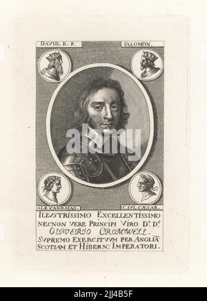 Ovales Porträt von Oliver Cromwell, 1599-1658, Parlamentsführer im englischen Bürgerkrieg, Lord Protector. In Rüstung, umgeben von Medaillons von König David, Salomo, Alexander dem Großen und Julius Caesar. Beschriftet Illustrissimo Excellentissimo necnon vere Principi Viro DD Oliverio Cromwell. Nach dem Frontispiz zu Lambertons Aphorismi, 1654. Kupferstich aus Samuel Woodburns Galerie für seltene Porträts, bestehend aus Originalplatten, George Jones, 102 St Martin’s Lane, London, 1816. Stockfoto