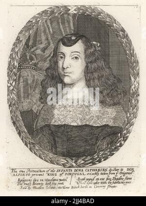 Ovales Porträt von Katharina von Braganza, 1638-1705, später Königin von England, Schottland und Irland, über ihre Ehe 1662 mit König Karl II Etwa 22 Jahre alt, im portugiesischen Hofstil gekleidet, mit einer Krone auf einem Kissen hinter ihr. Infantin Dona Catharina, Schwester von Don Alfonso, König von Portugal. Aus einem seltenen Druck, der von Mathew Collins, The Three Black Birds, Canning Streete, verkauft wurde. Kupferstich nach einem Gemälde von Dirk Stoop aus Samuel Woodburns Galerie seltener Porträts bestehend aus Originalplatten, George Jones, 102 St Martin’s Lane, London, 1816. Stockfoto