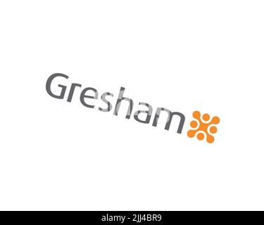 Gresham Technologies plc, gedrehtes Logo, weißer Hintergrund B Stockfoto