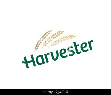 Harvester Restaurant, gedrehtes Logo, weißer Hintergrund Stockfoto