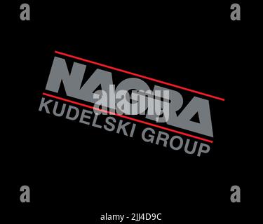 Kudelski Group, gedrehtes Logo, schwarzer Hintergrund B Stockfoto