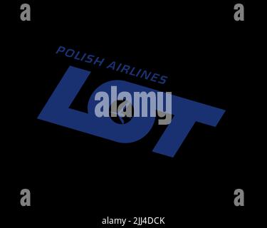 LOT Polish Airline, gedrehtes Logo, schwarzer Hintergrund B Stockfoto