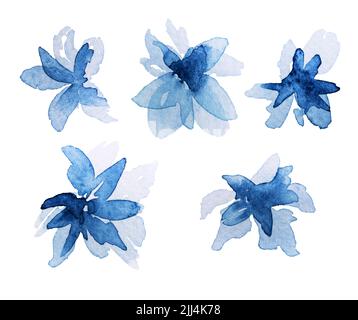 Set von abstrakten blauen Aquarellblumen. Handgezeichnete Abbildung Stockfoto