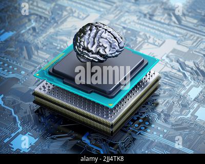 Chrome Brain auf der CPU auf dem Mainboard installiert. 3D Abbildung. Stockfoto