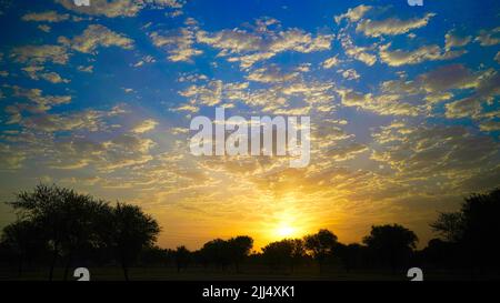 Dramatisch bewölkt Sonnenuntergang oder Morgenhimmel. Wunderschöne gelbe Abendaufnahme. Stockfoto