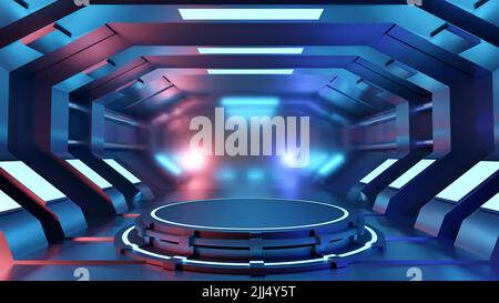 Alien Sci Fi Leere Bühne Podium Kreis Beton Zement Untergrund Lagerhaus Hintergrund Grunge futuristische LED Blau Weiß Leuchtende Lichter Raumschiff 3D R Stockfoto