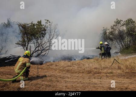 Karst, Slowenien. 22.. Juli 2022. Feuerwehrmänner kämpfen am sechsten Tag gegen ein großes Waldfeuer, das in der Nähe des Dorfes Temnica im Karstgebiet Sloweniens brennt. Etwa tausend Feuerwehrmänner mit Luftunterstützung von drei slowenischen Hubschraubern, zwei serbischen Hubschraubern, einem österreichischen Hubschrauber, einem slowakischen Black Hawk-Hubschrauber und zwei ungarischen Hubschraubern, Ein kroatisches Canadair-Löschflugzeug und ein Pilatus-Flugzeug der slowenischen Armee kämpften weiter gegen ein großes Waldfeuer, das vor fünf Tagen ausbrach und sich in der Karstregion Sloweniens verstärkt hat. Die Dörfer in der Umgebung wurden evakuiert. Das ist das größte Stockfoto