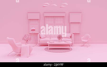 Interieur des Wohnzimmers in einfarbiger einfarbiger rosa Farbe mit Accessoires. 3D Rendering für Webseiten-, Präsentations- oder Bilderrahmen-Hintergründe. Stockfoto