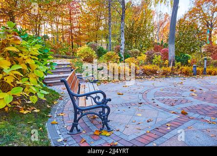 Die Vintage-Holzbank inmitten des malerischen kleinen Platzes im Herbstpark, Mezhyhirya, Ukraine Stockfoto