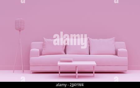 Modernes Sofa, Stehlampe und kleiner Tisch im rosa Wohnzimmer. Minimalistisches Stilkonzept. Pastellfarben. 3D Rendern. Stockfoto