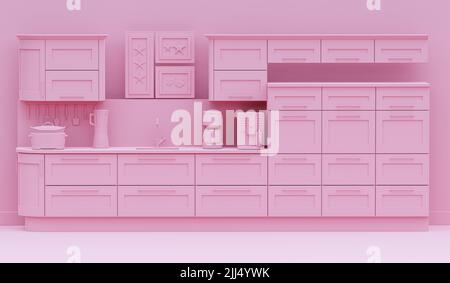 Interieur der Küche in einfarbiger einfarbiger rosa Farbe mit Küchenzubehör. 3D Rendering für Webseite, Präsentation oder Bilderrahmen zurück Stockfoto
