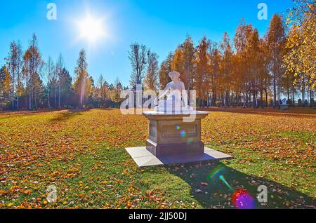 Die Parkskulptur eines Mädchens inmitten der schönen Lichtung mit grünem Gras, gelbem Laub auf dem Hügel und hohen Birken im Hintergrund, Mezhyhirya, Ukrai Stockfoto