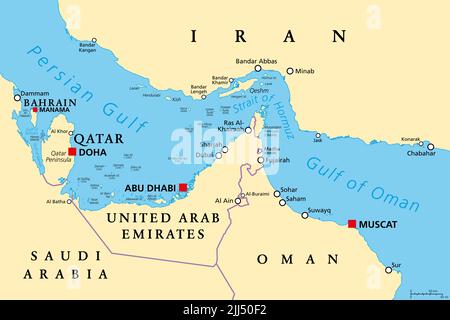 Straße von Hormus, politische Landkarte. Wasserstraße zwischen dem Persischen Golf und dem Golf von Oman, ein strategisch äußerst wichtiger Choke Point. Stockfoto