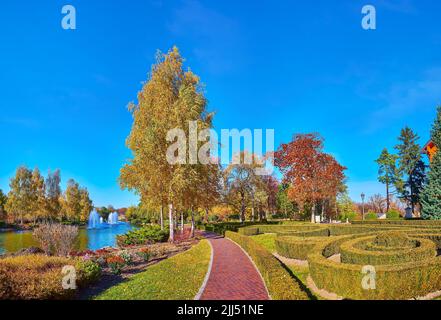 Panorama des Herbstparks, erstreckt sich entlang des Sees mit Brunnen und geschmückt mit ornamentalen Buchsbaumsträuchern, goldenen Birken, roten Eichen, Wacholder und Stockfoto