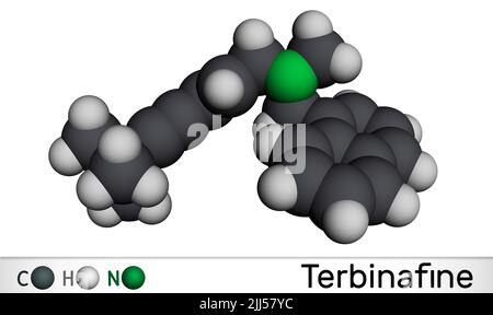 Terbinafin-Molekül. Es ist Allylamin Antimykotikum zur Behandlung von Dermatophyten-Infektionen der Zehennägel und Fingernägel. Molekularmodell. 3D Rendern. Il Stockfoto