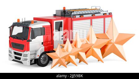 Feuerwehrmaschine mit fünf goldenen Sternen. 3D Darstellung isoliert auf weißem Hintergrund Stockfoto