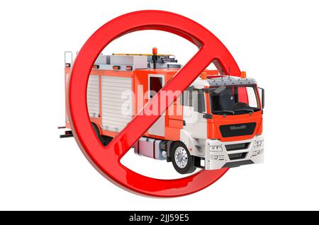 Verbotenes Schild mit Feuerwehrauto, 3D Rendering isoliert auf weißem Hintergrund Stockfoto