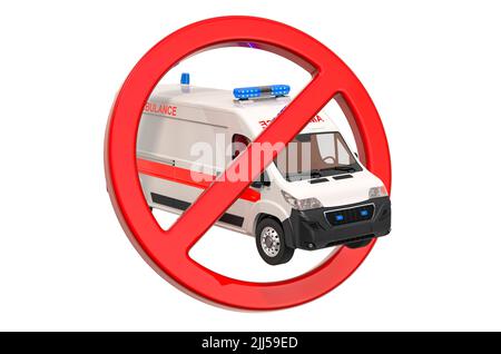 Verbotenes Schild mit Ambulanzwagen, 3D Rendering isoliert auf weißem Hintergrund Stockfoto