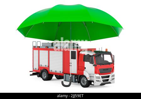 Feuerwehrauto unter Regenschirm, 3D Rendering isoliert auf weißem Hintergrund Stockfoto