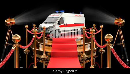 Podium mit Ambulanzwagen. 3D Rendering auf schwarzem Hintergrund isoliert Stockfoto