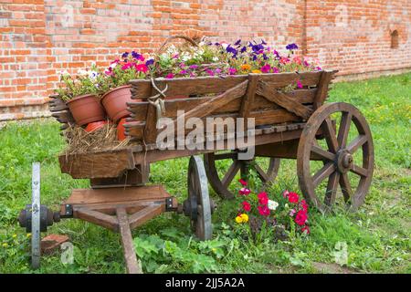 Alte hölzerne Karre gefüllt mit Vasen von Blumen in der Nähe der Wände der alten Festung Stockfoto