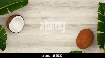 Sommer-Komposition. Tropische Palmenblätter, Ananas, Kokosnuss auf Holzhintergrund. Sommerkonzept. Flaches Layout, Draufsicht, Kopierbereich. 3d-Rendering Stockfoto