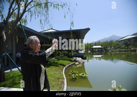 (220723) -- PEKING, 23. Juli 2022 (Xinhua) -- Zhang Jinqiu, Chefdesigner der Xi'an-Abteilung des Nationalen Archivs für Publikationen und Kultur und Akademiker der Chinesischen Akademie für Ingenieurwissenschaften, fotografiert den Gebäudekomplex in Xi'an, nordwestlich der chinesischen Provinz Shaanxi, 23. Juli 2022. China hat am Samstag das Nationale Archiv für Publikationen und Kultur zur Erhaltung bibliologischer Ressourcen eingeweiht. Nach einer dreijährigen Bauzeit umfasst das Projekt Archive in Peking und drei weitere Niederlassungen in Xi'an, Hangzhou und Guangzhou. Sie ist für in verantwortlich Stockfoto