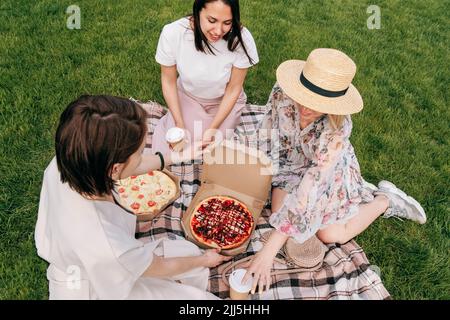 Freunde, die Pizza genießen, sitzen auf einer Picknickdecke im Park Stockfoto