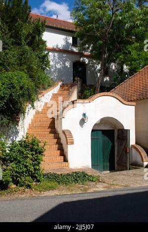 Der Begriff Kellergasse, auch bekannt als Kellertrift, wird hauptsächlich in Österreich verwendet und bezieht sich auf die Gasse, die oft als versunkener Weg gestaltet ist, espe Stockfoto