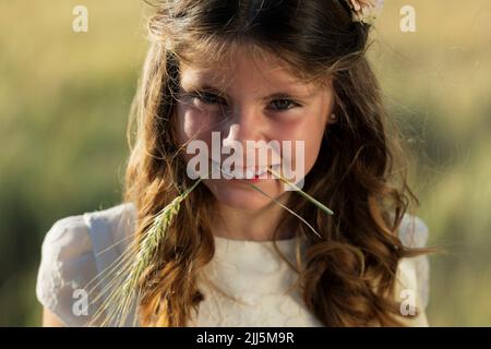 Lächelndes Mädchen hält Weizenernte im Mund Stockfoto