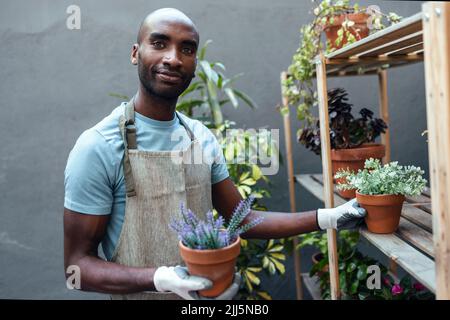 Lächelnder, kahler Mann, der Topfpflanzen im Garten hält Stockfoto