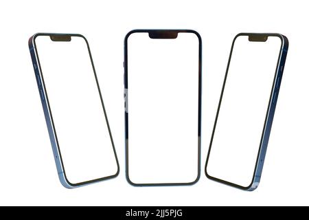 Vorder- und Seitenansicht des leeren Bildschirms iphone 13 mit Beschneidungspfad Stockfoto