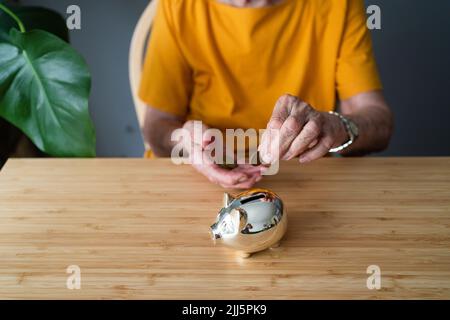 Hände einer älteren Frau, die Münzen in ein Sparschwein legt Stockfoto