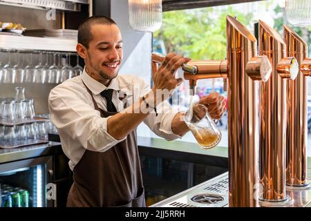 Der Barkeeper füllt Bier aus dem Zapfhahn an der Bar in ein Glas Stockfoto
