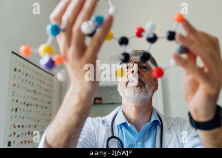 Arzt untersucht DNA-Molekül-Modell im Labor Stockfoto