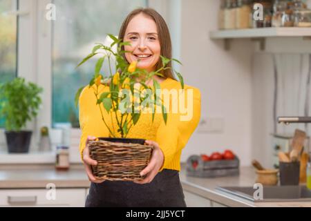 Lächelnde Frau mit Chilischote in der Küche Stockfoto