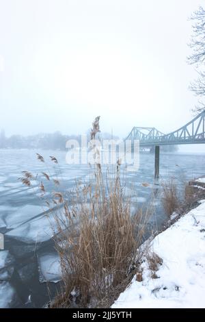 Deutschland, Brandenburg, Potsdam, Eis schwimmend in der Havel mit Glienicke-Brücke im Hintergrund Stockfoto