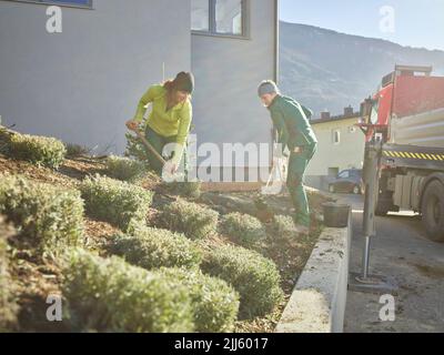 Junge Gärtner graben Schlamm vor dem Gebäude an sonnigen Tagen Stockfoto