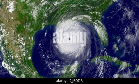 Hurrikan Katrina, ein verheerender Sturm der Kategorie 5, im Golf von Mexiko am 28. August 2005, kurz bevor er am frühen Morgen des 29. August in der Gegend von New Orleans, Louisiana, landeinstürze. (USA) Stockfoto