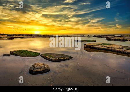 Sonnenaufgang bei Ebbe in Sandsend Ness an der North Yorkshire Coast von England. Stockfoto