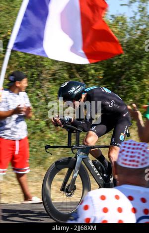 Der Franzose Romain Bardet vom Team DSM wurde während der Etappe 20 des Radrennens der Tour de France, einem 40,7km Einzelzeitfahren von Lacapelle-Marival nach Rocamadour, Frankreich, am Samstag, dem 23. Juli 2022, im Einsatz gezeigt. Die diesjährige Tour de France findet vom 01. Bis 24. Juli 2022 statt. BELGA FOTO DAVID PINTENS - UK OUT Stockfoto