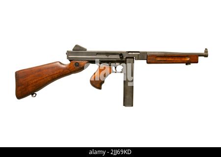 Thompson Maschinengewehr Zweiten Weltkrieg Ära isoliert auf weißem Hintergrund Stockfoto