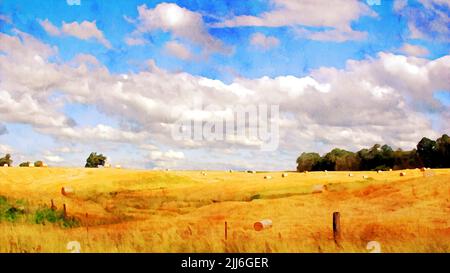 Die Aquarelllandschaft des Heufeldes im Sommer unter dem wolkigen Himmel Stockfoto