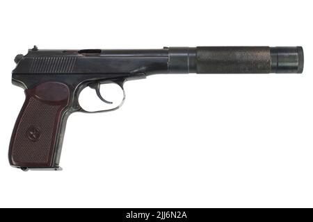 Udssr Makarov Pistole mit Schalldämpfer isoliert Stockfoto