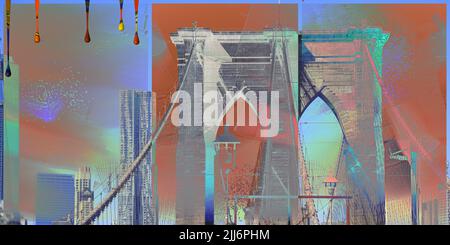 Moderne Kunst. Brooklyn Bridge, Blick auf die Innenstadt. 3D Rendern Stockfoto