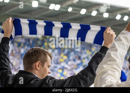 Peking ganz Anhänger des IFK Norrkoping zeigen ihre Farben vor einem Spiel zwischen IFK Norrkoping und Malmo FF in der Platinum Cars Arena in Norrkoping Stockfoto