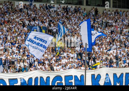 Peking ganz Anhänger des IFK Norrkoping zeigen ihre Farben vor einem Spiel zwischen IFK Norrkoping und Malmo FF in der Platinum Cars Arena in Norrkoping Stockfoto